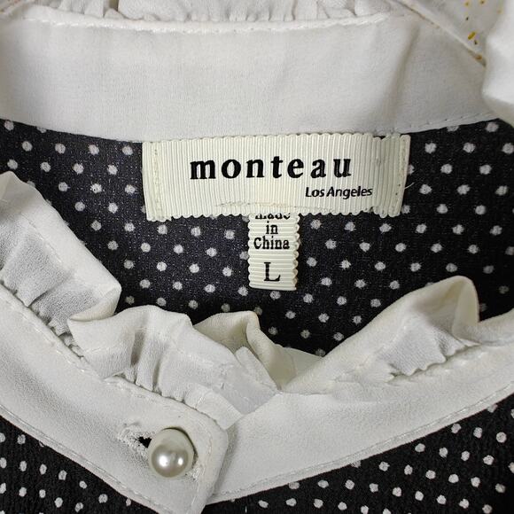 Monteau Black White Polka Dot Ruffle Collar Button Blouse Top L NEW - Picture 5 of 7